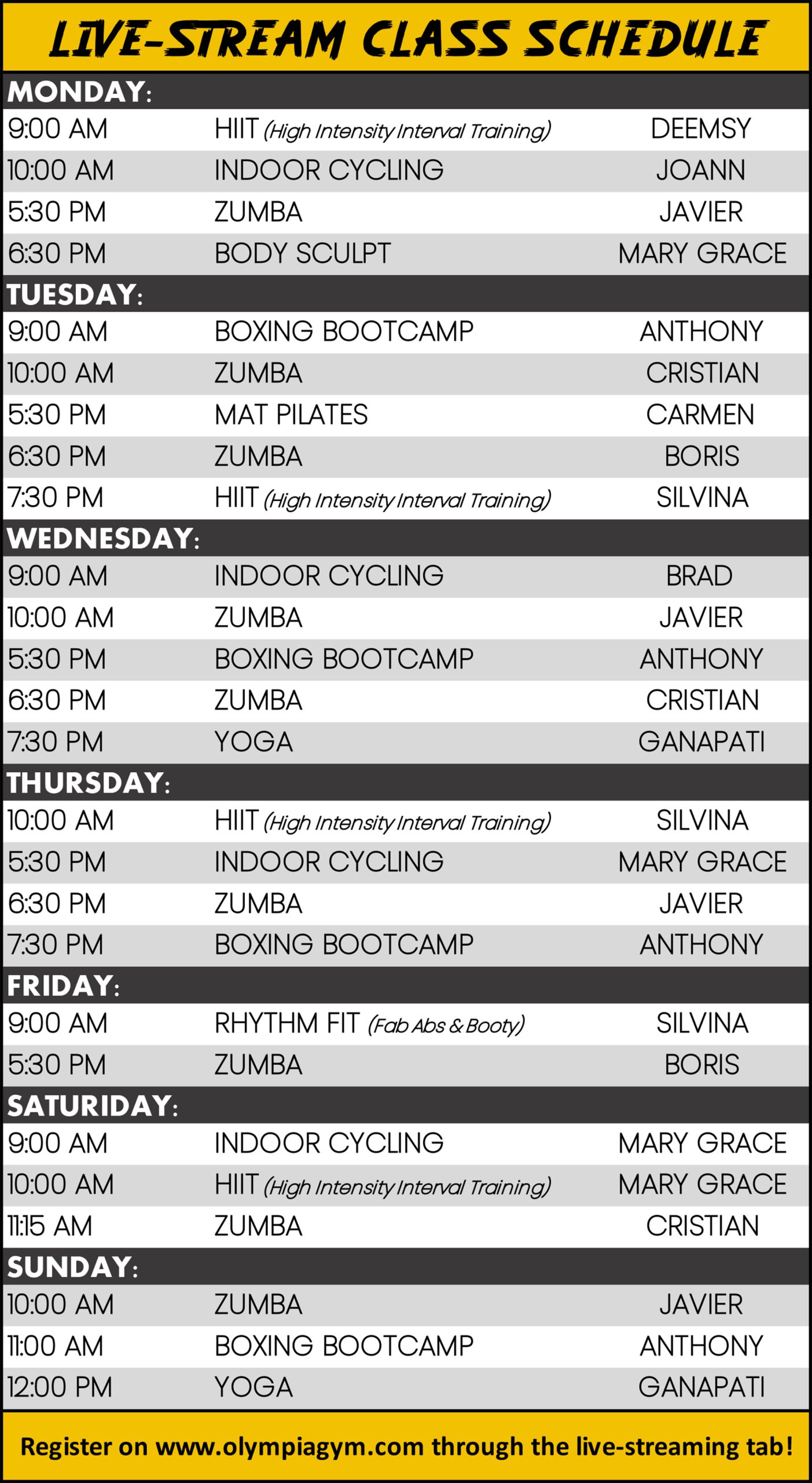 Live-Stream Class Schedule at Olympia Gym